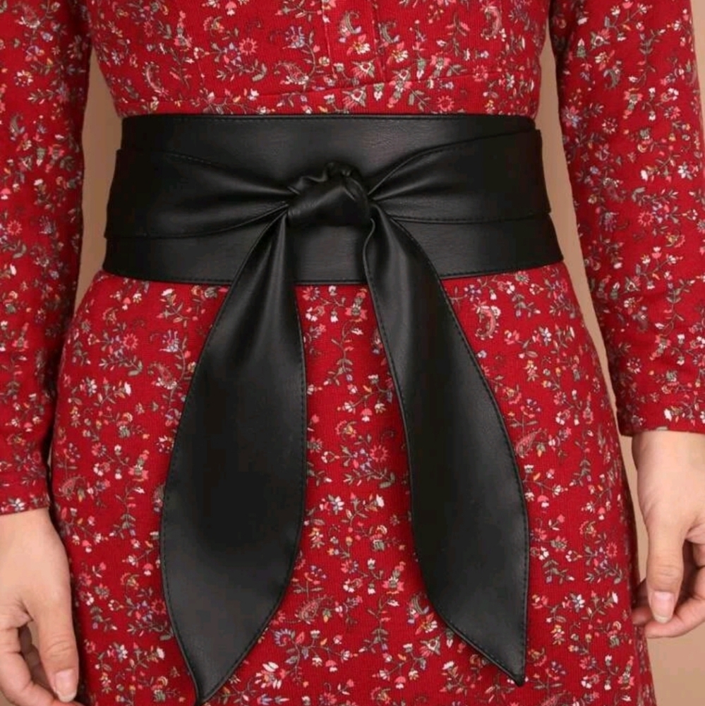 Black Faux leather wide waist belt corset self tie boho cinch wrap obi belt